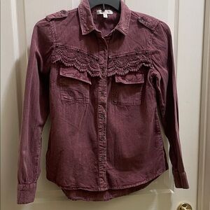 Burgundy Rustic Western Button-Up Shirt with Lace Detail